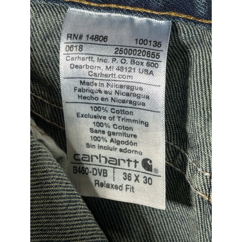 Carhartt B450-DVB Relaxed Fit Jeans Mens 36x30 Blue Denim Workwear - Picture 4 of 5